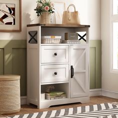 a white cabinet with drawers in a room