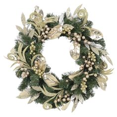 a christmas wreath with gold and silver decorations