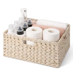 a wicker basket filled with lots of toiletries