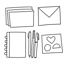 a black and white drawing of stationery items including notebooks, pens and paper