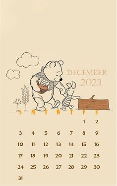 a calendar with a drawing of a bear and baby