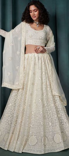 White and Off White color Lehenga in Georgette fabric with Embroidered, Sequence, Thread work White Cutdana Set For Reception, Off White Cutdana Wedding Sets, Off White Wedding Set With Intricate Embroidery, Off White Wedding Sets With Intricate Embroidery, Wedding Sets In Off White With Intricate Embroidery, Semi-stitched Off-white Sets For Wedding, White Resham Embroidery Choli For Wedding, White Resham Embroidered Fabric For Ceremony, White Traditional Drape Choli For Wedding