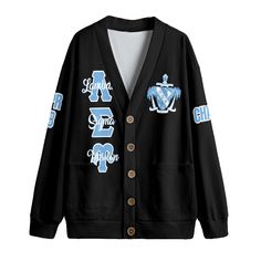 Fraternity Shirt - Personalized Lambda Sigma Upsilon Knitted Fleece Cardigan Original Dark Style V-neck Tops For College In Winter, Casual Winter Cardigan For College, Oversized Knit Tops With Letter Print, Winter College Cardigan, Casual Long Sleeve Letter Print Cardigan, Casual Long Sleeve Cardigan With Letter Print, Casual Letter Print Cardigan For Fall, Casual Long-sleeved Cardigan With Letter Print, Casual Long-sleeve Cardigan With Letter Print