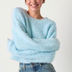 Add cozy warmth and texture to your cold-weather looks with this chic fluffy knit cropped pullover. It features a crew neck, a relaxed fit and long drop-shoulder sleeves. Wear it with jeans and boots. Features: SequinsClosure Type: Pullover HeadFit: Classic FitNeckline: Crew NeckSleeve Length: Long SleeveSleeve Style: Drop-Shoulder SleeveApparel Length: 18 InchesFiber Content: 85% Polyester, 15% AcrylicCare: Machine Wash, Tumble DryCountry of Origin: Imported Fluffy Knit, Cropped Pullover, Sherpa Pullover, Small Sweater, Long Sleeve Pullover Sweater, Blue Sweater, Knit Crop, Tiffany Blue, Blue Sweaters