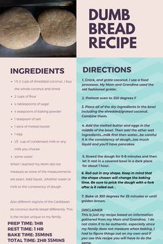 the recipe for dump bread is shown in blue and pink, with instructions on how to make it