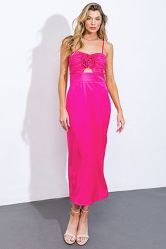 Glamorous Sleeveless Midi Dress With Ruched Bodice, Pink Satin Midi Dress For Dinner, Glamorous Ruched Midi Dress, Glamorous Midi Length Ruched Dresses, Elegant Ruched Evening Dress For Spring, Ruched Sheath Midi Evening Dress, Glamorous Sheath Midi Dress For Summer, Party Season Midi Dress For Night Out, Chic Sheath Midi Dress For Party Season