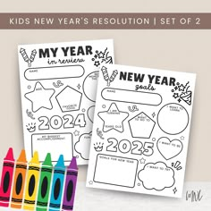 new year's resolution set of 2 coloring pages with crayons and markers