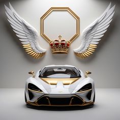 a white and gold sports car with wings on the front, next to a crown