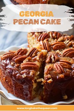 a close up of a cake on a plate with pecan toppings and text overlay