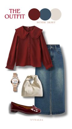 Denim skirt with red blouse Fesyen Islam, Rok Outfit, Stile Casual Chic, Denim Skirt Outfits, Overall Jumpsuit