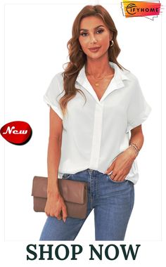 White Collared Button Short Sleeves Shirt Solid Color Buttoned Tops For Business Casual, Solid Buttoned Tops For Business Casual, Solid Color Business Casual Tops With Buttons, Casual Business Blouse In Solid Color, Casual Office Blouse With Rolled Sleeves, Casual Solid Color Blouse For Business Casual, Trendy White Tops For Business Casual, White Blouse For Business Casual In Summer, Casual Office Tops With Rolled Sleeves