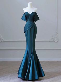 Green Satin Off the Shoulder Pleats Prom Dress Teal Prom Dresses Long, Formal Dress Pictures, Blue Long Formal Dress, Teal Prom Dresses, Blue Long Prom Dress, Simple Prom Dress Long, Prom Dresses Simple, Simple Prom Dress, Long Formal Dress