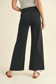 STRAIGHT WIDE LEG DENIM PANTS Size + Fit - Model is wearing size S - Measurements taken from size S - 5'9" / 175CM - 32-24-34 High Rise Black Cropped Jeans With Frayed Hem, Black High Rise Cropped Jeans With Frayed Hem, Black High-rise Cropped Jeans With Frayed Hem, High Rise Pants With Frayed Hem For Fall, Washed Black Wide Leg Jeans For Work, Casual Black Cropped Jeans With Frayed Hem, Mid-rise Washed Black Pants For Spring, Mid-rise Washed Black Spring Pants, Fall Wide Leg Washed Black Jeans