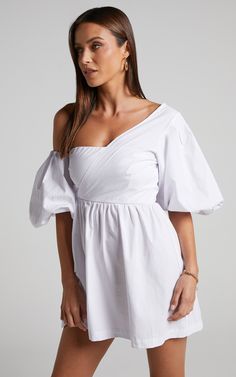 Sula Mini Dress - Asymmetric Off One Shoulder Puff Sleeve Dress in White | Showpo USA Shoulder Puff Sleeve, Short Long Dresses, Puff Sleeve Dress, Puffed Sleeves Dress, Mini Dress With Sleeves, Short Dress, Sleeve Dress, Puff Sleeve, Evening Dresses