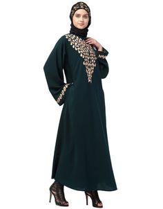 Round Neck Front and sleeve drop Embroidery Abaya Made with Matt Nida Fabric Easy and handy to wear and care, fit for all at every where. Fit for every day Hijab and band shown in the image can be bought separately Fabric: Matt NidaCare: Mild machine wash/ hand Cold Wash/ Dry cleanWe request customers to carefully choose the correct size and dress length referring to our size chart Traditional Long Sleeve Abaya With Resham Embroidery, Traditional Resham Embroidery Abaya, Embroidered Sleeves Kaftan For Eid, Long Sleeve Thobe For Eid, Green Dabka Work Abaya For Eid, Festive Long Sleeve Abaya With Dabka, Green Abaya With Dabka Work, Green Dabka Abaya For Eid, Green Long Abaya With Dabka Work