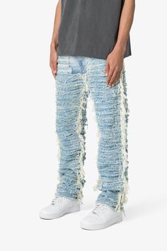 the V631 Allover Frayed Denims are designed with a baggy fit throughout, featuring a vintage wash, exposed and raw seams throughout, and finished off with raw hem. details relaxed fit* 100% cotton zipper at inseam model is 6’1, 140 lbs and wears a size 30 Distressed Dark Wash Flare Jeans For Streetwear, Distressed Recycled Denim Cargo Jeans In Dark Wash, Distressed Dark Wash Recycled Denim Cargo Jeans, Ripped Blue Flare Jeans In Rigid Denim, Distressed Blue Straight Leg Cargo Jeans, Streetwear Ripped Medium Wash Flare Jeans, Ripped Blue Straight Leg Cargo Jeans, Medium Wash Ripped Flare Jeans For Streetwear, Distressed Rigid Denim Jeans For Streetwear