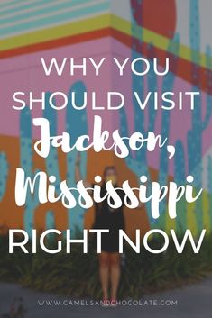 a woman standing in front of a colorful wall with the words why you should visit jackson, mississippi right now