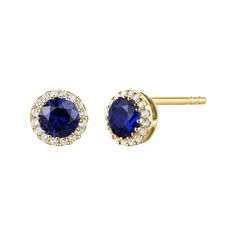 This pair of lustrous diamond and blue sapphire stud earrings feature two coveted round stones emboldened by shimmering diamond halos in 14K yellow gold. Accessorize with their enduring color, ageless style and meaningful glamour. | Blue Sapphire & Diamond Accent Stud Earrings | 14K Yellow Gold | Helzberg Diamonds Sapphire Diamond Earrings With Halo Design, Sapphire Round Cut Earrings With Halo Design, Sapphire Earrings With Halo Design, Sapphire Halo Design Round Cut Earrings, Classic Sapphire Diamond Earrings With Halo Design, Yellow Gold Sapphire Diamond Earrings For Anniversary, Anniversary Sapphire In Yellow Gold Diamond Earrings, Anniversary Yellow Gold Sapphire Diamond Earrings, Blue Sapphire Studs