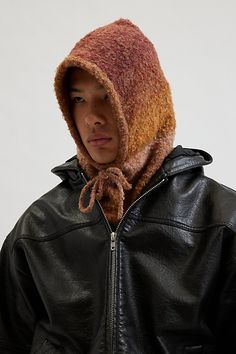 Balaclava style hood with an ombre knit look. Plush textured hood with an adjustable drawstring tie. Features Ombre knit balaclava hood Subtle patterned hood Adjustable drawstring tie Content + Care 36% Recycled polyester, 25% acrylic, 25% polyester, 12% wool, 2% spandex Spot clean Imported | Ombre Knit Balaclava Hood in Orange, Men's at Urban Outfitters Balaclava Style, Balaclava Men, Men's Balaclava, Ombre Knit, Knit Balaclava, Knit Bonnet, Native American Clothing, Orange Fits, Knitted Balaclava