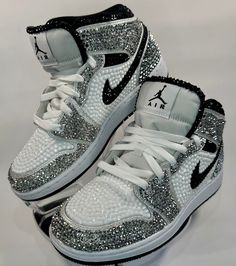 Rhinestone Jordans, Bedazzled Nikes, Rhinestone Sneakers, Teen Prom, Jordan 1 Mids, Sneaker Ball, Bedazzled Shoes, Casual Shoes Women Sneakers, Nike Shoes Women Fashion