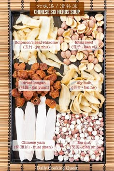 an assortment of different types of chinese herbs in a tray on a bamboo mat with instructions for how to cook them