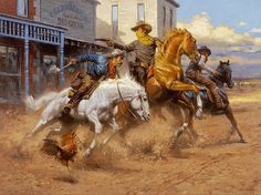 a painting of cowboys riding horses in front of a building