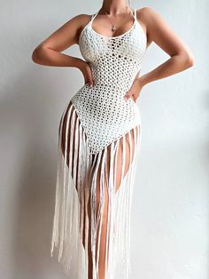 SORTYGO - Tropical Temptation Halter Fringe Beach Dress in YY0133W1 One Size Crochet Swimwear Pattern, Beach Outing, Summer Elegance, Crochet Beach Dress, Backless Design, Pullover Windbreaker, Beachwear For Women, Inspiration Mode, Cover Up Dress