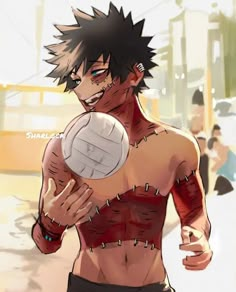 an anime character holding a volleyball ball in his right hand and looking at the camera