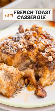 french toast casserole on a plate with a fork