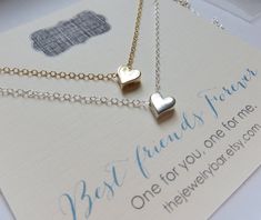 set of 2 dainty heart necklaces for you and your best friend. you can choose both in sterling silver, gold or mixed. 14k gold filled or sterling silver fine chain adustable from 16-18'' Girlfriend Necklace Gift, 14k Gold Initial Necklace, Small Heart Necklace, Soul Sisters Gifts, Bff Jewelry, Diamond Bar Necklace, Heart Necklaces, Star Charm Necklace, Gold Letter Necklace