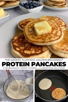 pancakes with butter and blueberries are shown in this collage, along with other ingredients