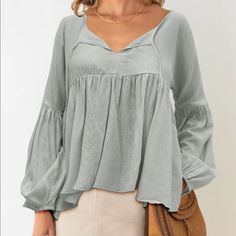 Super Cute Blouse Size: Small Brand New No Tags V-neck Padded Blouse For Brunch, Casual Solid Color Blouse With Lantern Sleeves, Chic Flowy V-neck Peasant Top, Versatile V-neck Tops For Brunch, Casual Lantern Sleeve Blouse For Day Out, Chic Flowy Top With Lantern Sleeves, Spring Solid Color Lantern Sleeve Blouse, Spring Lantern Sleeve Blouse In Solid Color, Spring Lantern Sleeve Blouse