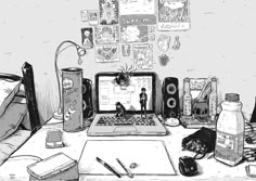 black and white drawing of a laptop on a desk with various items around it, including pens, pencils and ink