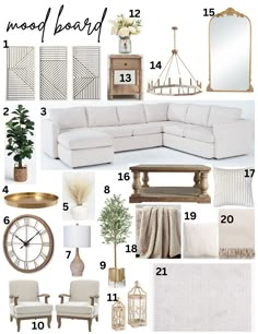 living room mood board with white couches, gold accents and neutral decor for the home