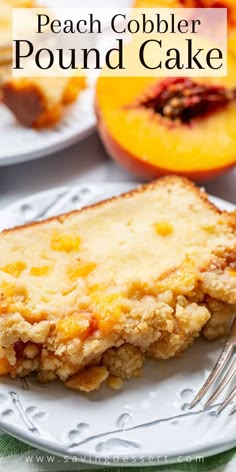 peach cobbler pound cake on a plate with a fork