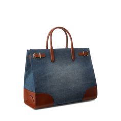 Rendered in vintage-inspired washed denim the large Devyn tote bag is designed with a spacious silhouette and a myriad of pockets offering ample storage for your essentials. It’s trimmed with supple full-grain leather—which is distinguished by its naturally smooth finish—for a luxurious touch. Denim Double Handle Shoulder Bag For Travel, Denim Double Handle Travel Shoulder Bag, Luxury Denim Bags With Double Handle, Luxury Denim Bag With Double Handles, Luxury Denim Shoulder Bag With Double Handle, Denim Travel Satchel Bag, Luxury Denim Double Handle Shoulder Bag, Medium Wash Denim Travel Bag, Travel Denim Satchel Bag