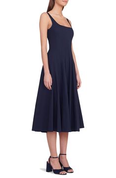 Corset-inspired princess seams create a fitted shape for a full-skirted midi dress made from lightweight stretch poplin. 50" length (size 8) Hidden back-zip closure Square neck Lined 98% cotton, 2% spandex Dry clean or machine wash, tumble dry Imported Navy Sheath Dress, Ladies Day Dresses, Cotton Poplin Dress, Romantic Classic, Poplin Dress, Modern Dress, Princess Seams, Soft Summer, Line Dress