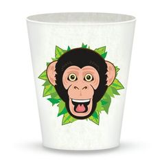 a paper cup with an image of a monkey's head on the front and green leaves around it