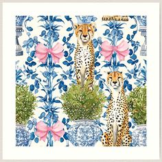 two cheetah sitting next to each other in front of blue and pink wallpaper