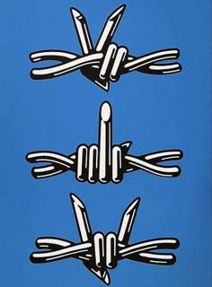 three pieces of art that are in the shape of forks and spoons on a blue background