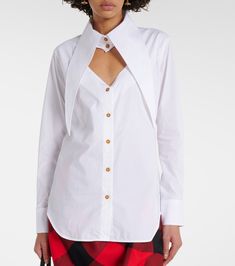 Cut-out cotton shirt in white - Vivienne Westwood | Mytheresa Designer Cotton Blouse For Work, Designer Cotton Button-up Blouse, Designer Cotton Blouse With Button Cuffs, Designer Cotton Tops For Office, Modern Cotton Dress Shirt With Button Closure, Designer Cotton Blouse With Spread Collar, Modern Shirt With Button Closure And Fold Down Collar, Cotton Button-up Shirt With Hidden Buttons, Modern Shirt With Button Closure For Daywear