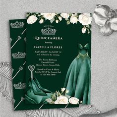 a green dress and flowers are on the front of this quincaabera wedding card