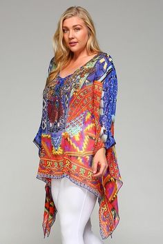 AHB EXCLUSIVE: Flower Child Oversized Sheer Tunic - Red Mix Bohemian Multicolor Tunic Cover-up, Flowy Multicolor Beachwear Cover-up, Multicolor Tunic Style Beachwear Cover-up, Multicolor Free Size Beachwear Cover-up, Multicolor Flowy Cover-up For Beach Party, Flowy Multicolor Tunic Cover-up, Multicolor Flowy V-neck Cover-up, Multicolor Print Kaftan For Beach Cover-up, Long Multicolor Tunic For Beach