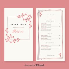 a pink and white menu with leaves on the front, side and back of it