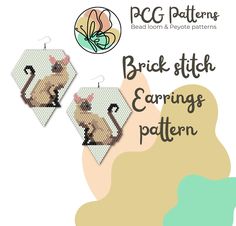 two cross stitch earrings with an image of a siamese cat in the background and text reading, brick stitch earring pattern