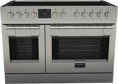 a silver stove top oven with two burners on each side and one door open