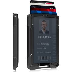 an id card holder is attached to the back of a cell phone with a credit card in it