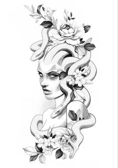 a drawing of a woman with flowers on her head and snake wrapped around her neck