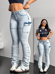 Azul Casual Collar  Mezclilla Liso Pierna amplia Embellished Elástico Alto Modeling Clothes, Female Jeans, Casual Denim Jeans, Elastic Waist Jeans, Shein Icon, Female Outfits, Cute Lazy Day Outfits, Foto Poses, Lazy Day Outfits