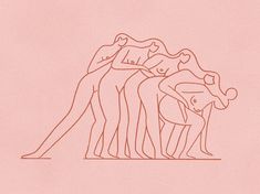 a line drawing of three women hugging each other in front of a light pink background